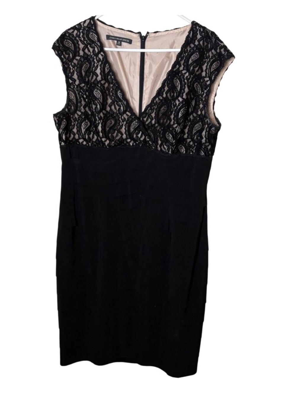 Jones Wear Dress 16 Black Lace Tiered Cocktail Sheath Dress Party